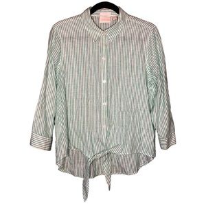 Chicos 100% Linen Green White Striped Collared Buttoned Tie Front Blouse Size M